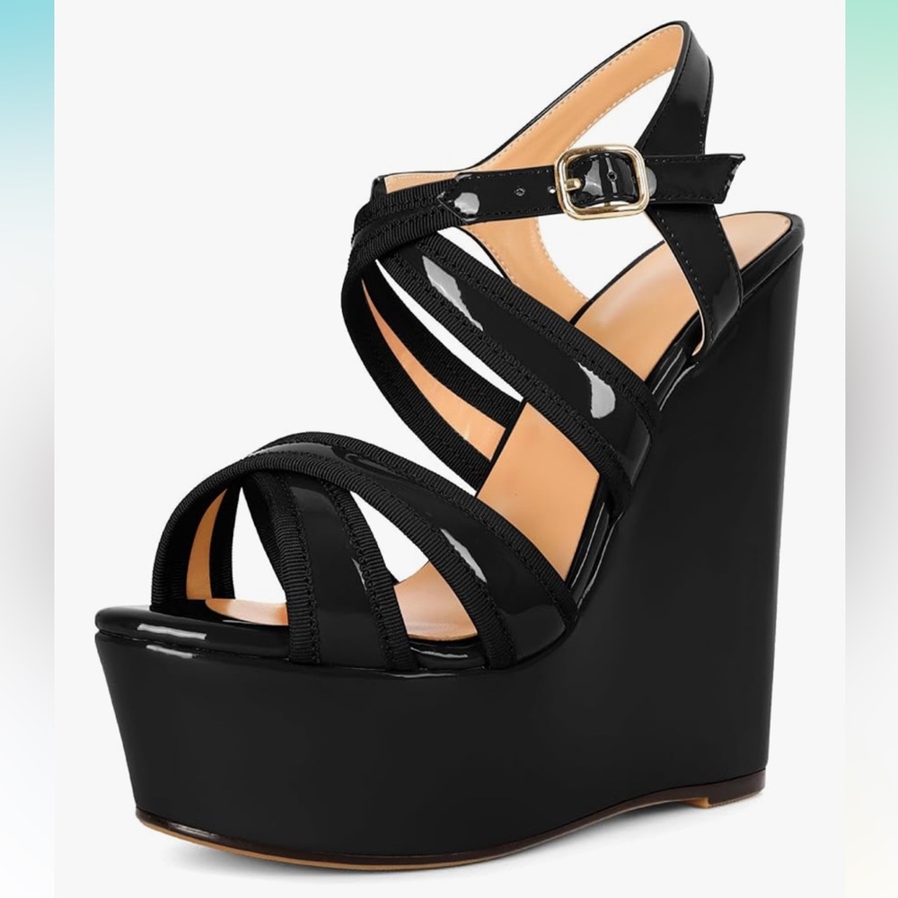 **NWB**Black Wedge Platform Sandals with Criss-Cross Straps